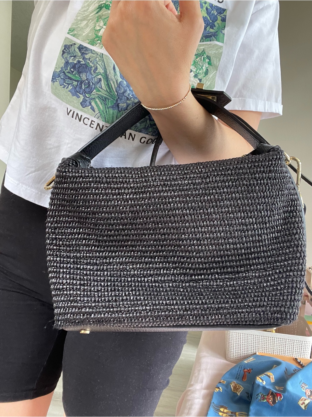 Woven Black Shoulder Bag With Top Handles By